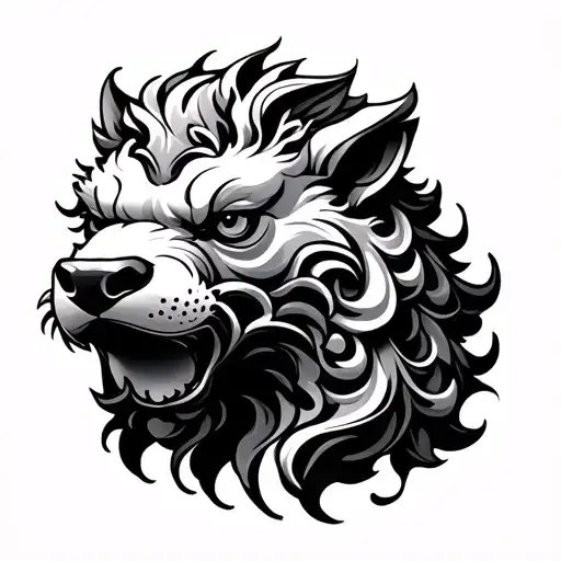 Minimalist Foo Dog Head With Flowing Water Lines Going