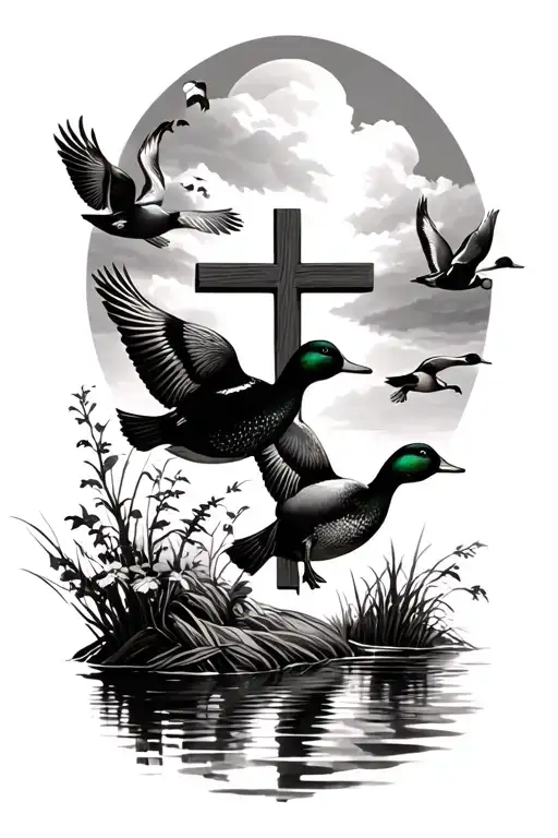 Nature Scene With Ducks Flying With Cross Incorporated