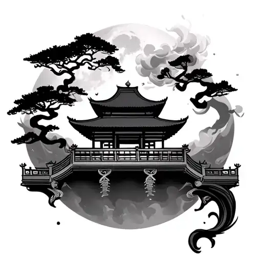 An Oriental Temple With Trees Of Life A Moon Behind And A Smoke With Curves In Eastern Railing