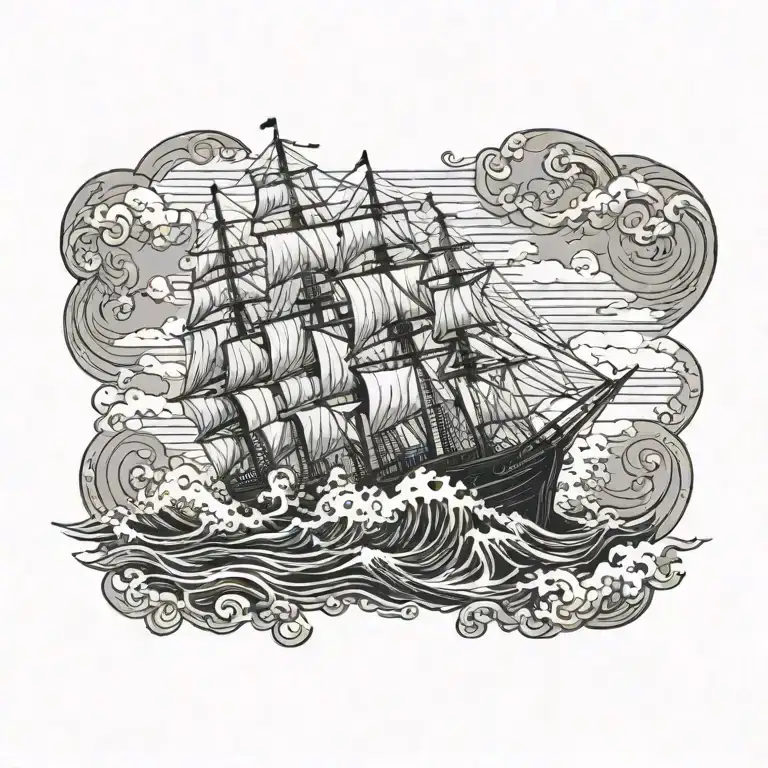 Wooden Ship Sailing Through Stormy Seas