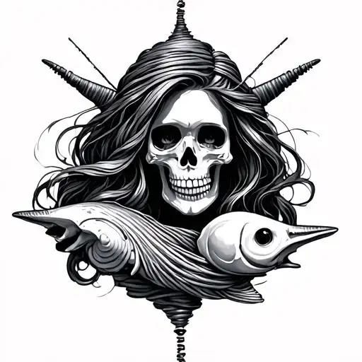 Seashels And Skeleton Woman Wrapped In Fishing Line