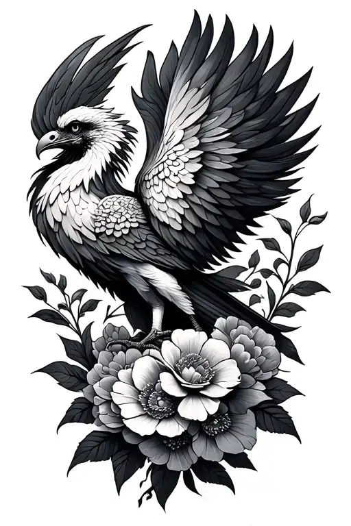 Rising Phoenix Bird With Flowers