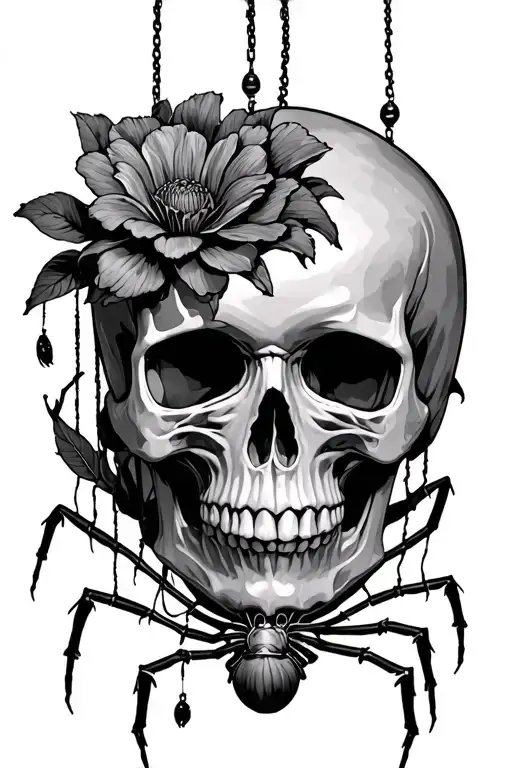 Skull With Flower And Spiders Hanging From Skull