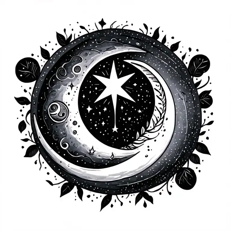 Mistic Crescent Moon With Small Guiding Star On Top