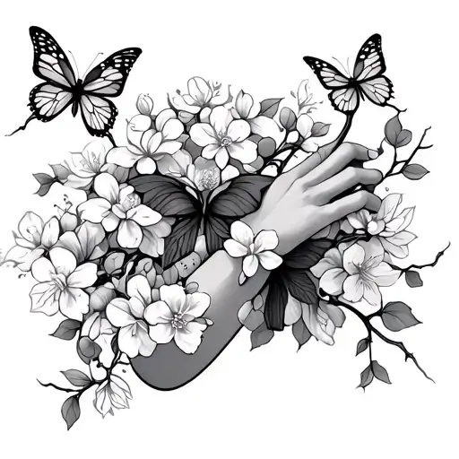 Cherry Blossom Vines Wrapped Around Forearm With Thunder And Butterflies