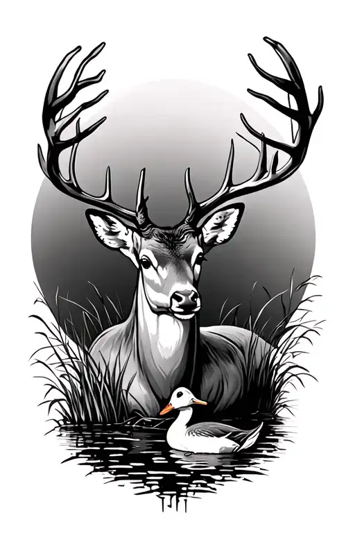 Deer And Ducks With Grass In The Mississippi Outline