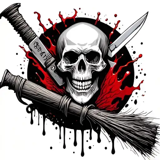 Broomstick And Switchblade With Blood And A Skull