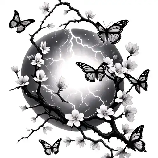 Cherry Blossom Vines With Thunder And Butterflies Flying