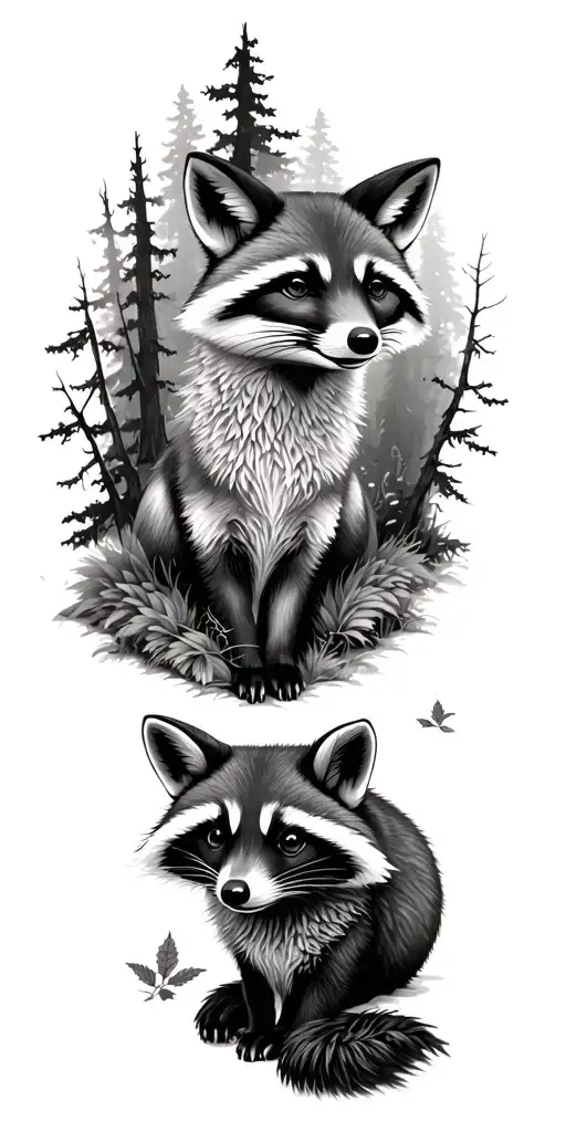 Fox And Racoon In Fantasy Woods Surrounded