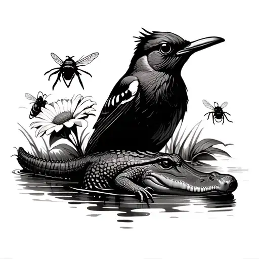 Mockingbird With Bees And Mississippi State Flower And A Alligator In A Swamp