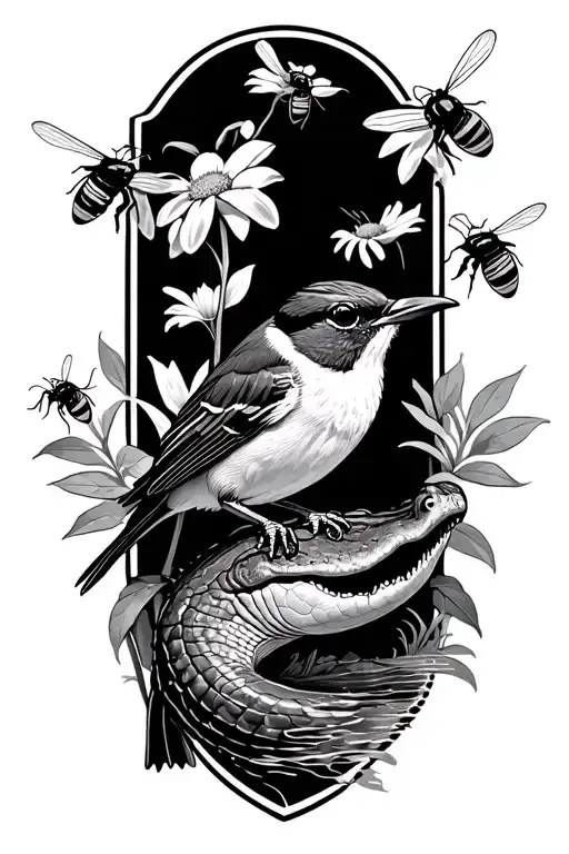 Mockingbird With Bees And Mississippi State Flower And A Alligator In A Swamp Realistic
