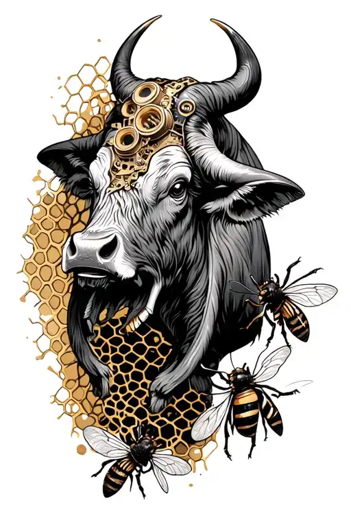 Honeycomb With Bull And Bees In Steampunk Inspired