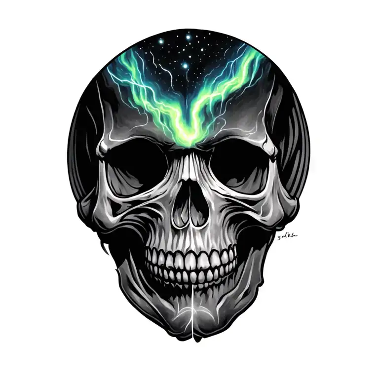 Skull On Upper Arm With The Northern Lights Going Through It
