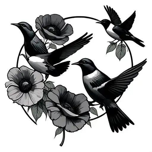 Swallows Holding Poppies Circle Made