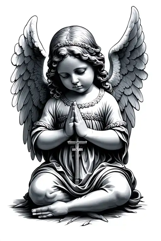 Baby Angel Praying With A Cross