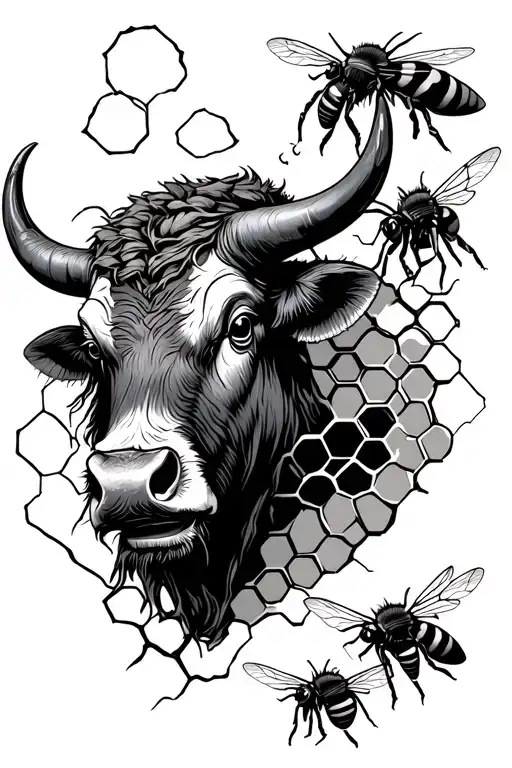 Honeycomb With Bull Face And Bees Buzzing