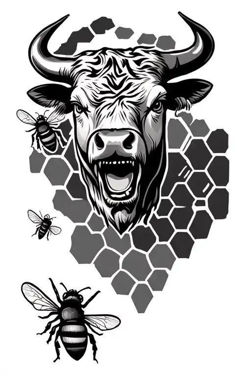 Honeycomb With Bull Face In The Middle And Bees Buzzing Around
