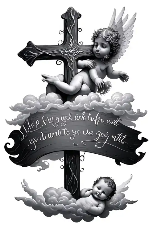 Scripture With Cross And Clouds And A Small Baby Angel