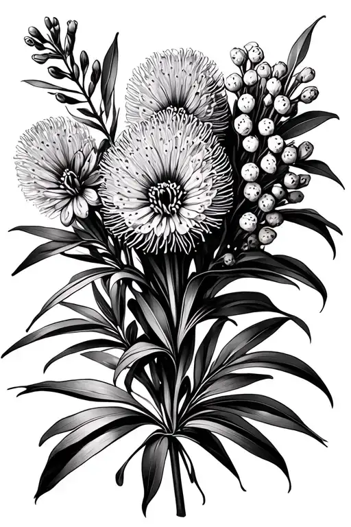 Outline Flower Bouquet Of Banksia Correa Hardenbergia Crowea Hibertia With Eucalyptus Filler