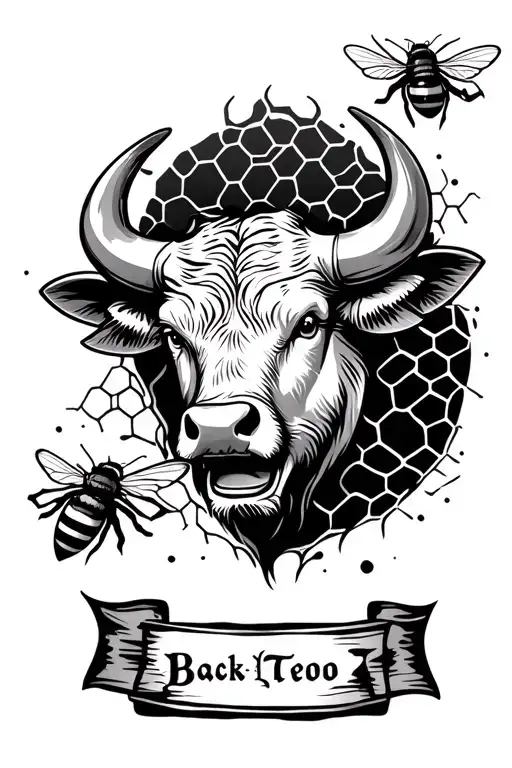 Honeycomb With Bull Face In The Middle And Bees Buzzing Around