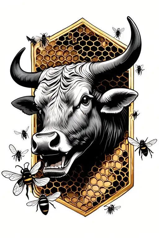 Honeycomb With Bull Face In The Middle And Bees Buzzing Around