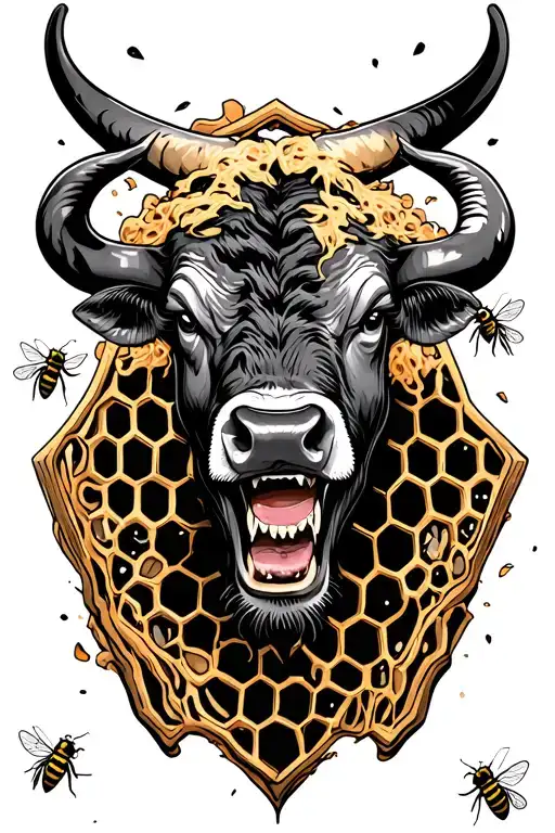 Honeycomb With Bull Face In The Middle And Bees Buzzing Around