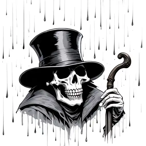Skeleton With Top Hat And Cane In The Rain