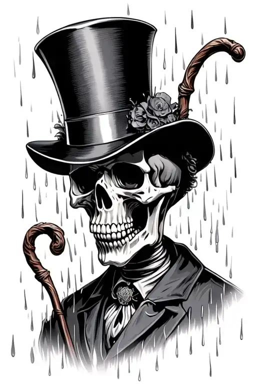 Skeleton With Top Hat And Cane In The Rain