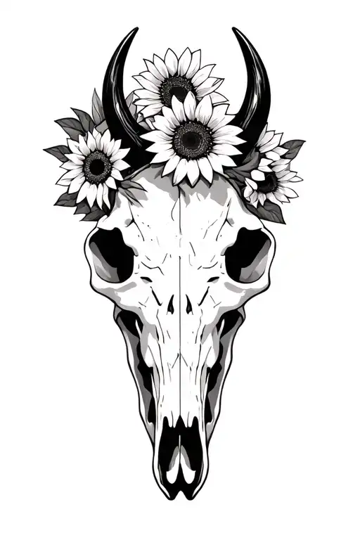 Cow Skull With Horns And Sunflowers