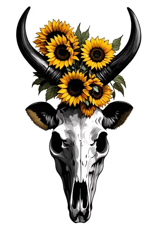 Cow Skull With Big Horns And Sunflowers