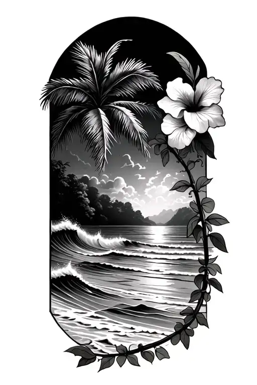 Beach With Ocean Waves Crashing With Hibiscus Vine On The Right Side And Palm Tree On The Left