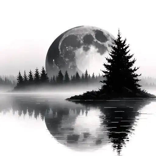 The Moons Reflection Over A Calm River With Fog Lightly Covering The River