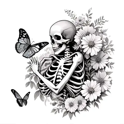 Half Skeleton Half Body Hugging Itself With Butterflies And Marigold And Cosmos