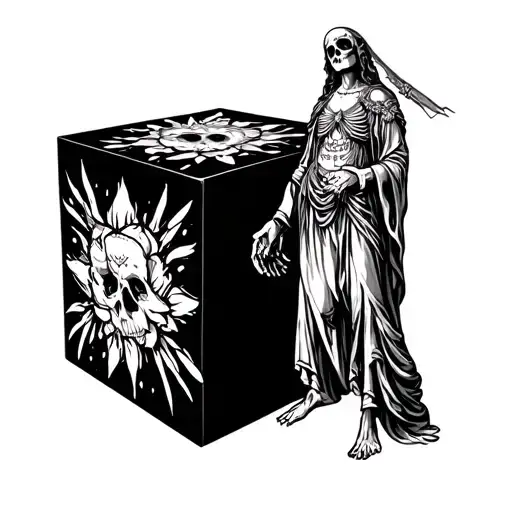 Santa Muerte Half Standing On Black Cube With White Outline On The Cube