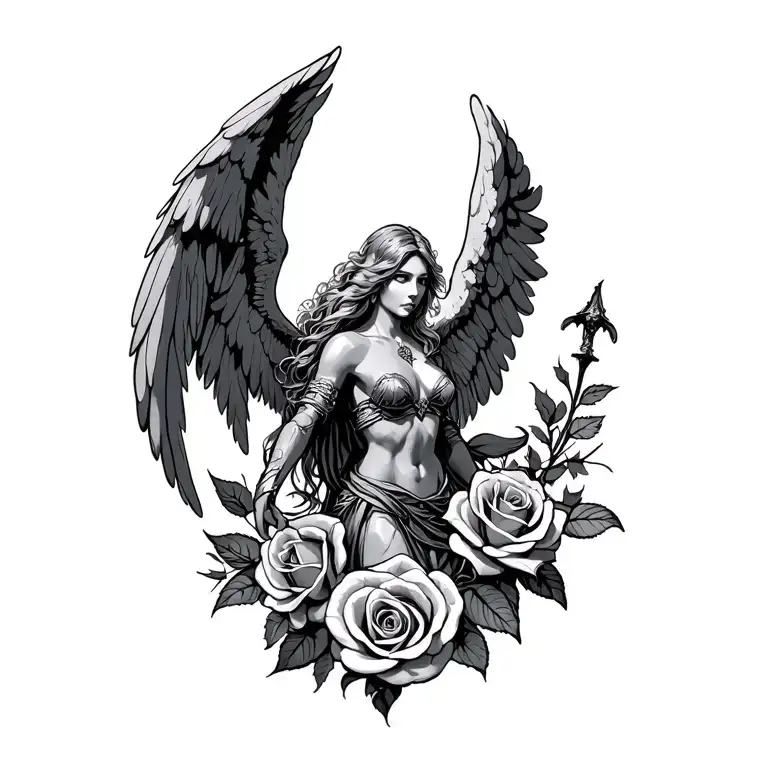 Angel Warrior And Roses Intertwined