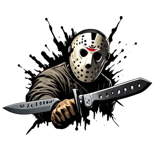 Jason Voorhees Whit Knife And Head Tattoo Holding