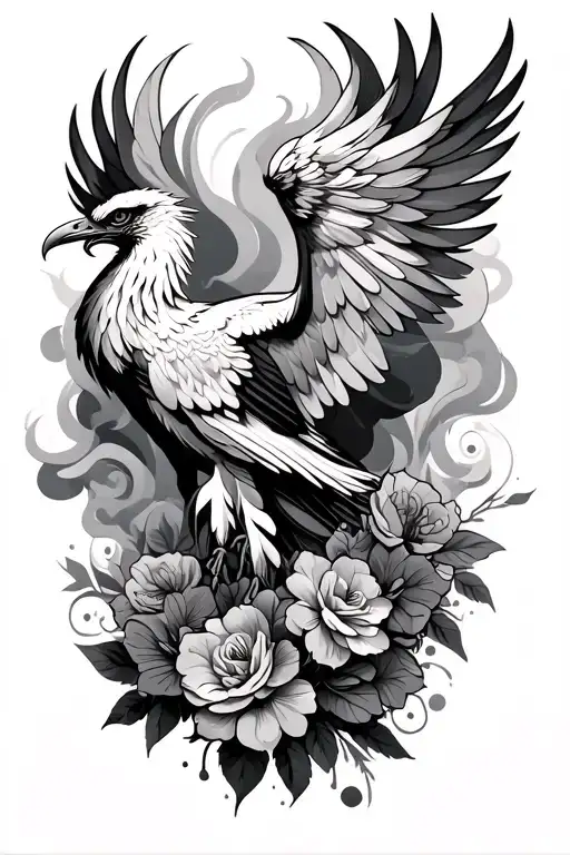 Phoenix On Thigh With Smoke And Floral