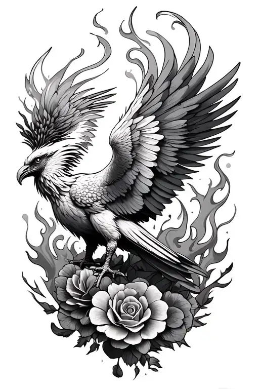 Phoenix On Thigh With Smoke Or Flames And Floral