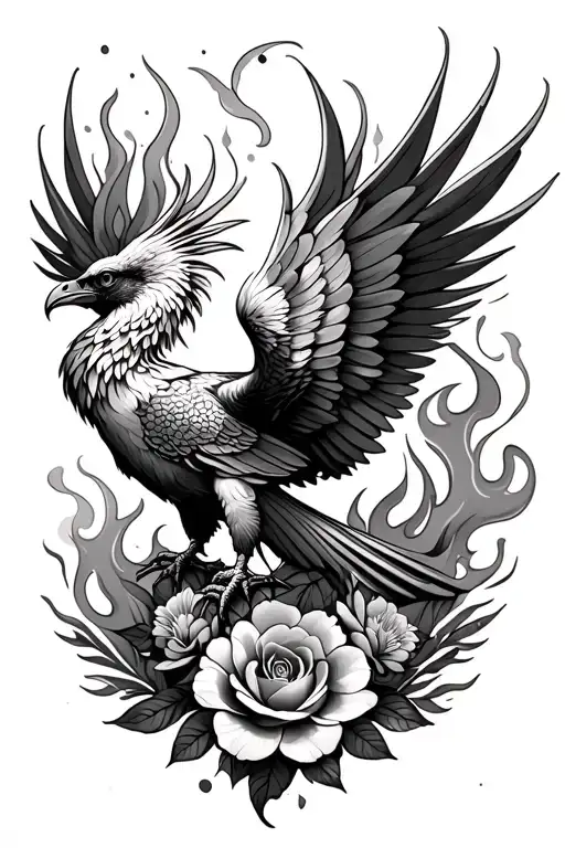 Phoenix On Thigh With Smoke Or Flames And Floral