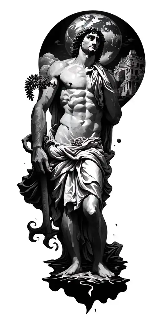 Olympus Holding The World Above Him And Poseidon Underneath Him Flooding Ancient Greek City