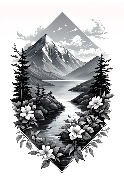 Mountian Scene With Water And Flowers
