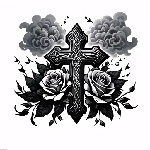 Cross And Roses With Clouds Surrounding