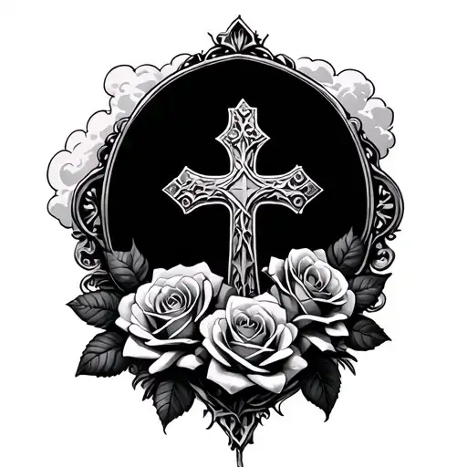 Cross And Roses With Clouds Surrounding