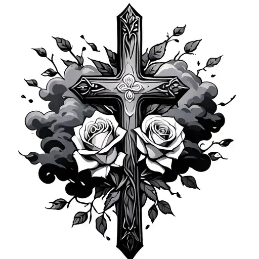 Cross And Roses With Clouds Surrounding