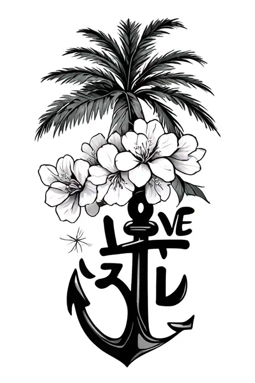 Japanese Word Love Anchor Palm Tree And Sakura