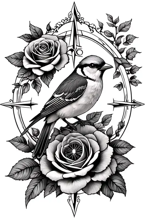 Finch And Roses And A Compass