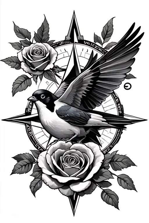 Finch Flying And Roses And A Compass Rose Intertwined