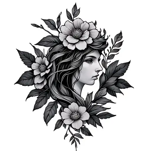 Virgo Zodiac Sign Symbol Intertwined With Flowers And Leaves Fine Line