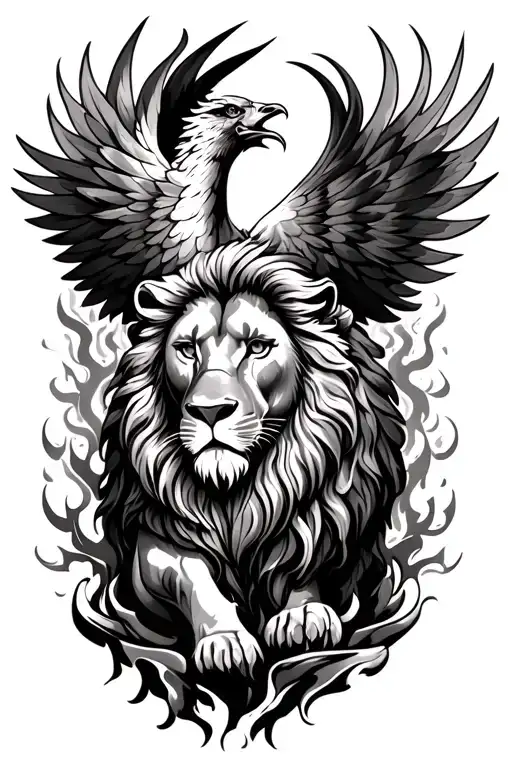 Lion And Phoenix Rising From The Ashes