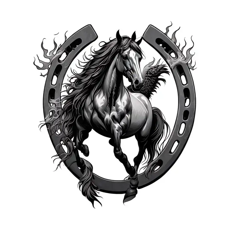 A Stallion Facing East With A Upside Down Horseshoe Around It With Phoenix Wings In Flames